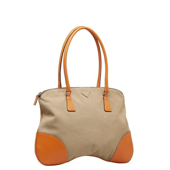 Prada Canvas Orange Tote Bag Leather Tan - Picture 1 of 11